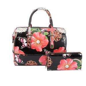 Patent Black Pink Floral Women's Bag Set with Wallet